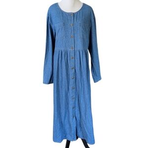 Vintage 90s Denim Dress Button Down Long Sleeve Lightweight Medium w Pockets